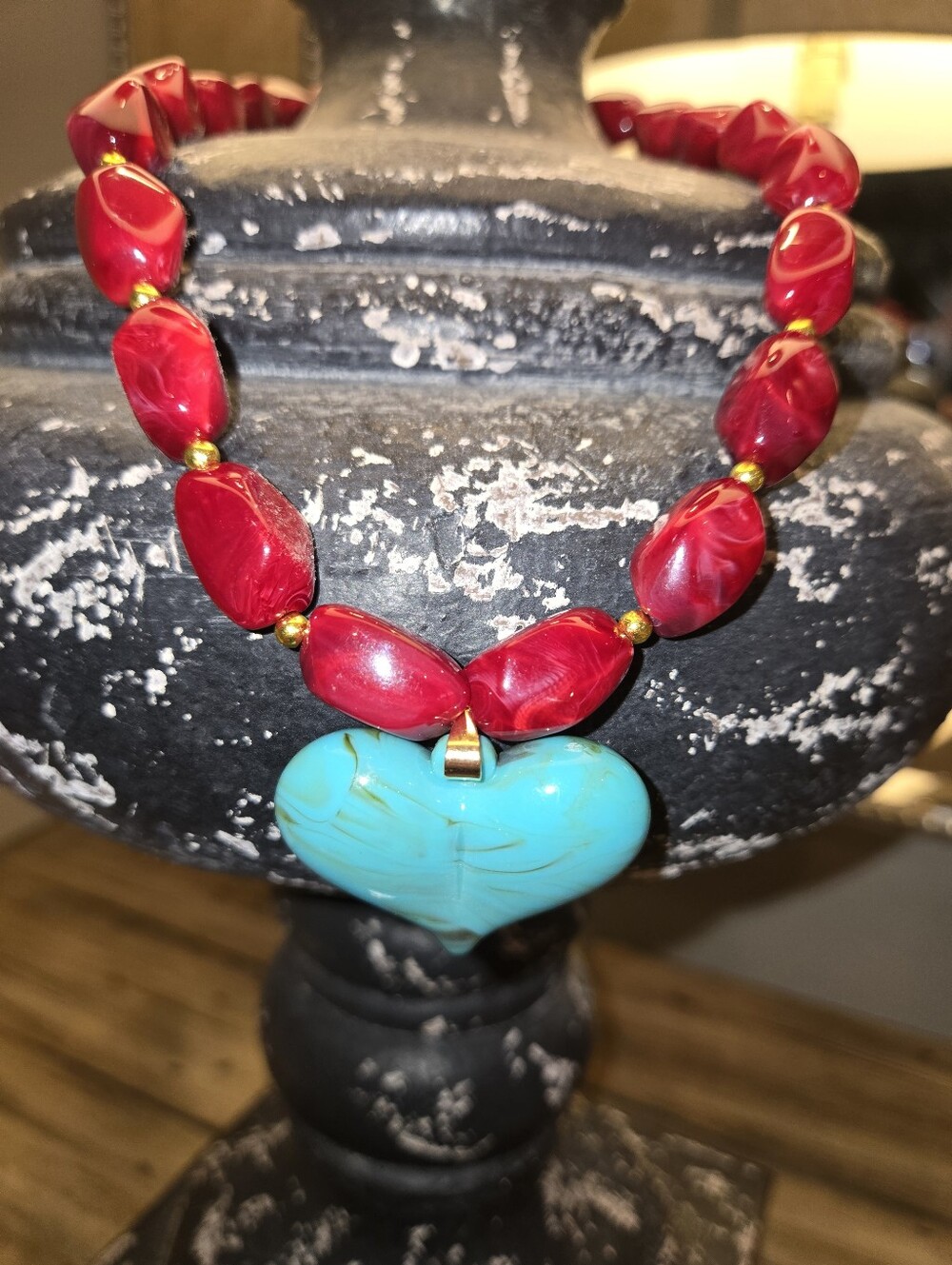 Puffed Heart Turquoise Bohemian Glass Red Beads Large Chunky Chain Gold Accents